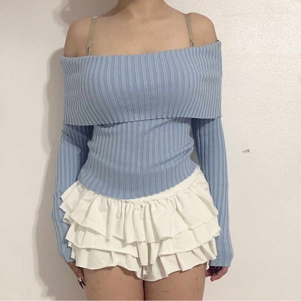 Pastel blue off the shoulder ribbed knit sweater top long sleeve